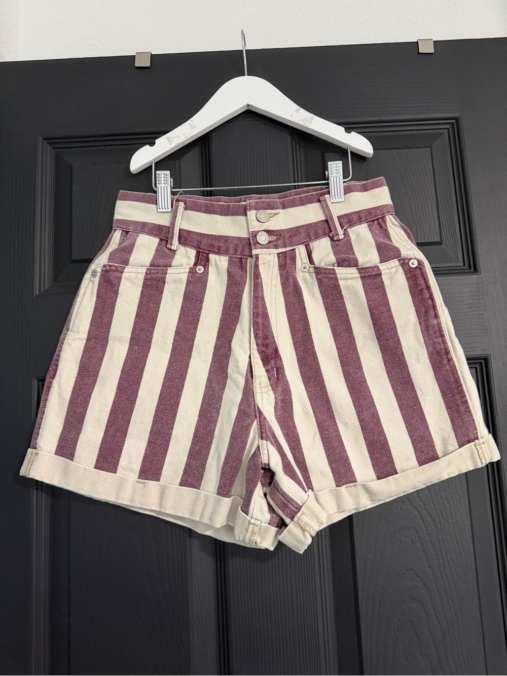 Vintage Skoozi High-Waist Striped Jean Shorts - Burgundy & Cream